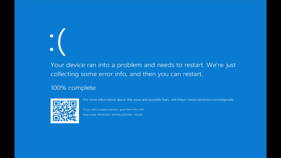 Windows blue screen showing PROCESS1 INITIALIZATION FAILED