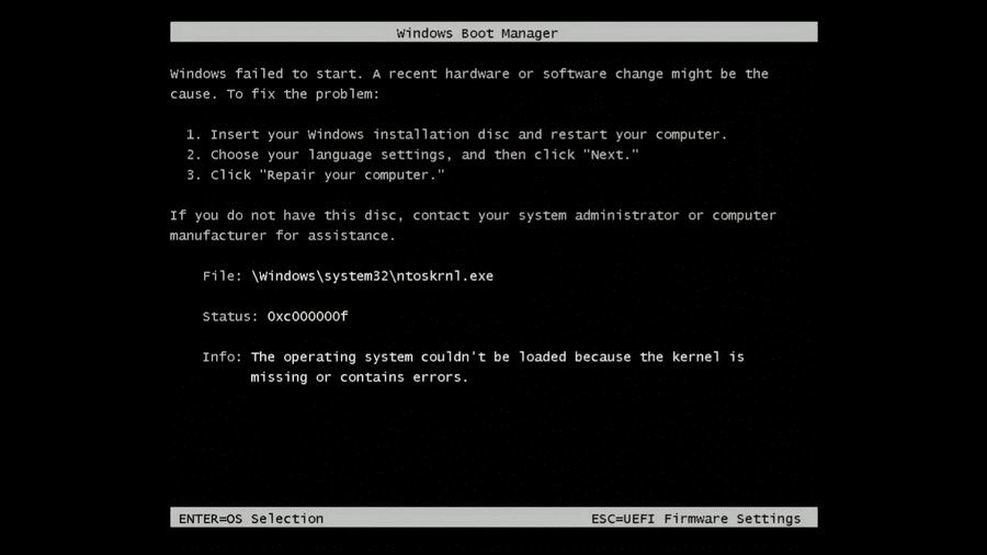 Windows 11 0xc000000f ntoskrnl.exe boot error