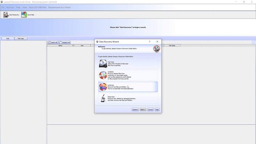 Select Unformat recovery mode