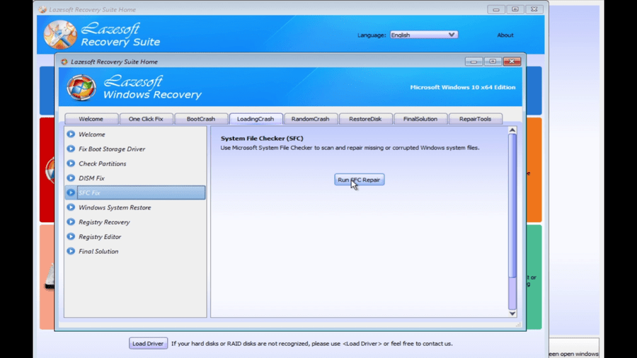 Lazesoft LoadingCrash tab with SFC Fix selected