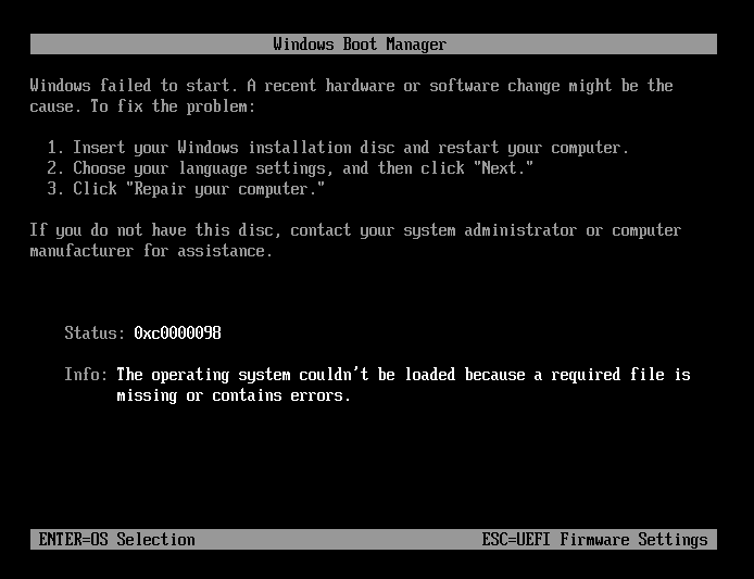 Windows Boot Manager error 0xC0000098 showing that a required operating system file is missing or contains errors