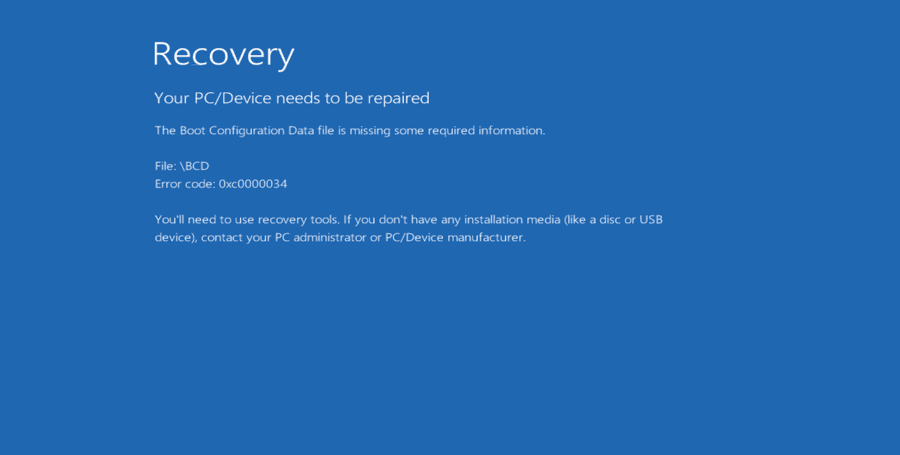 Error 0xc0000034 recovery screen