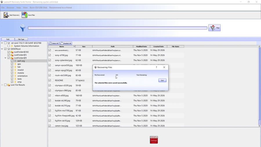 105 files recovered successfully