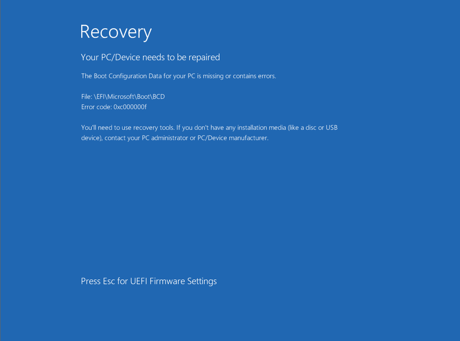 Windows recovery screen showing error 0xc000000f and missing BCD file