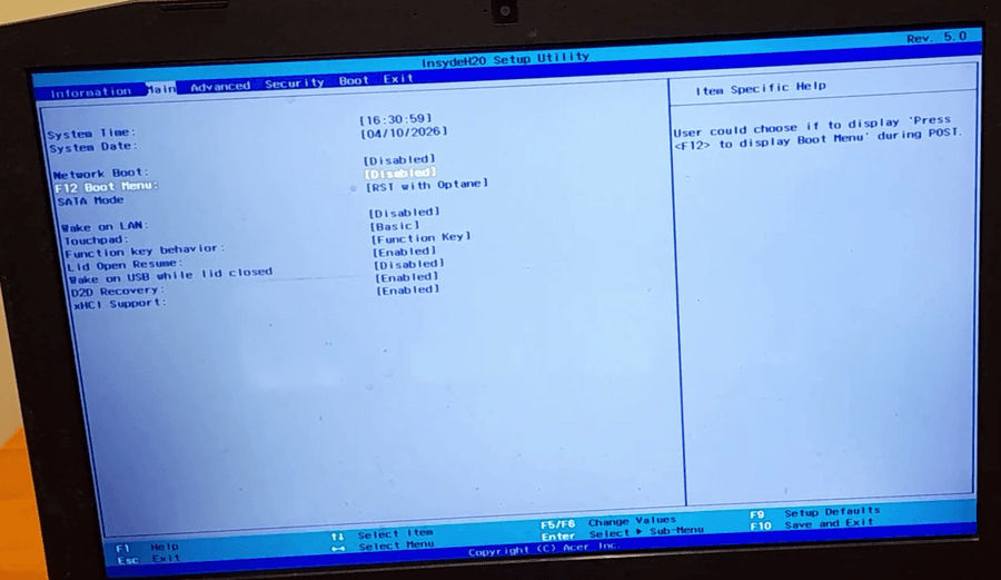 Acer InsydeH2O BIOS showing F12 Boot Menu disabled