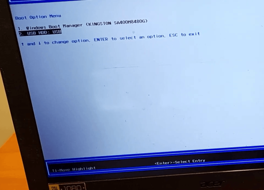 Acer boot option menu showing Windows Boot Manager and USB HDD after F12 boot menu is enabled