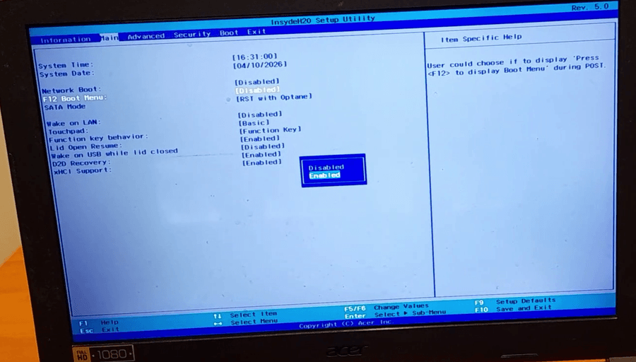 Using the laptop keyboard to enter Acer BIOS setup and change boot menu settings