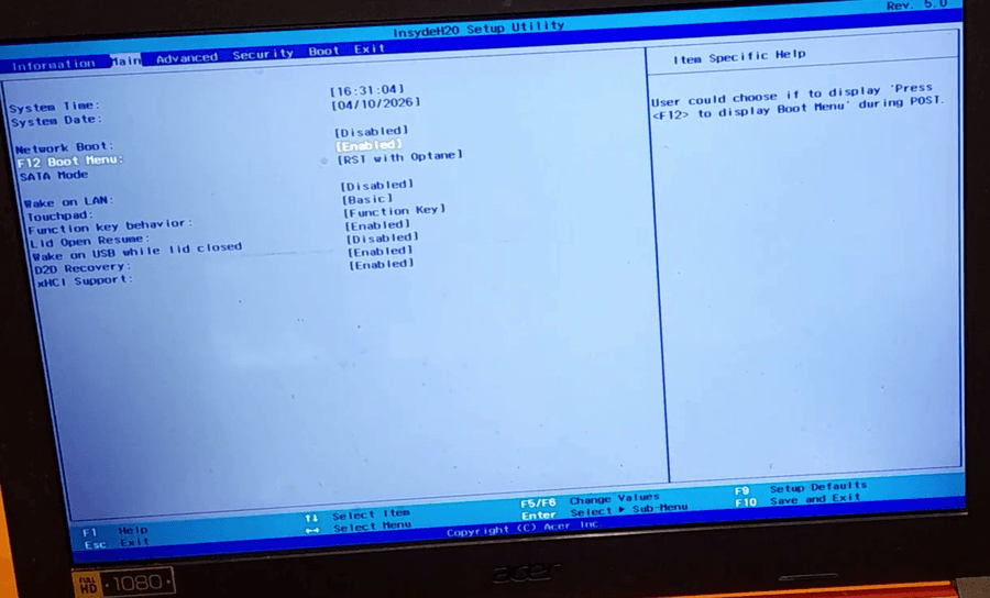 Acer InsydeH2O BIOS showing F12 Boot Menu enabled