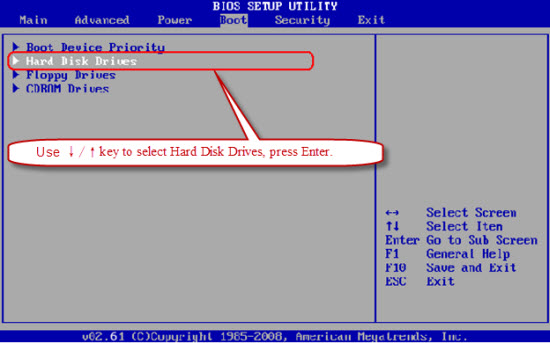 Choose the BOOT option and Enter Hard Disk Drives Menu.