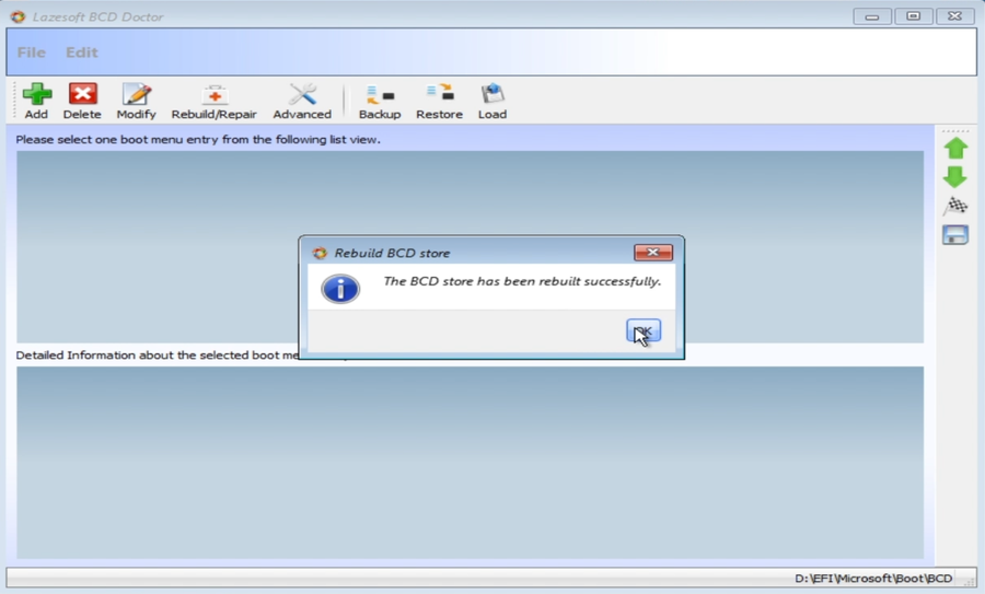 BCD Doctor success message showing the BCD store has been rebuilt successfully