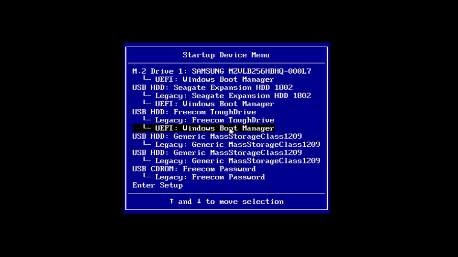 UEFI Windows Boot Manager selected under the Freecom ToughDrive USB device