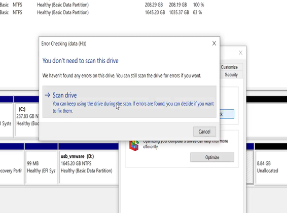 Windows drive properties - Check for errors