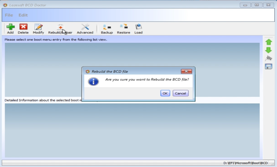 Confirmation dialog asking whether to rebuild the BCD file