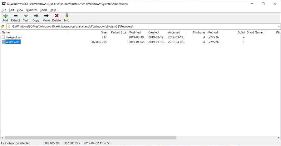 Winre.wim file shown inside Windows 10 ISO image