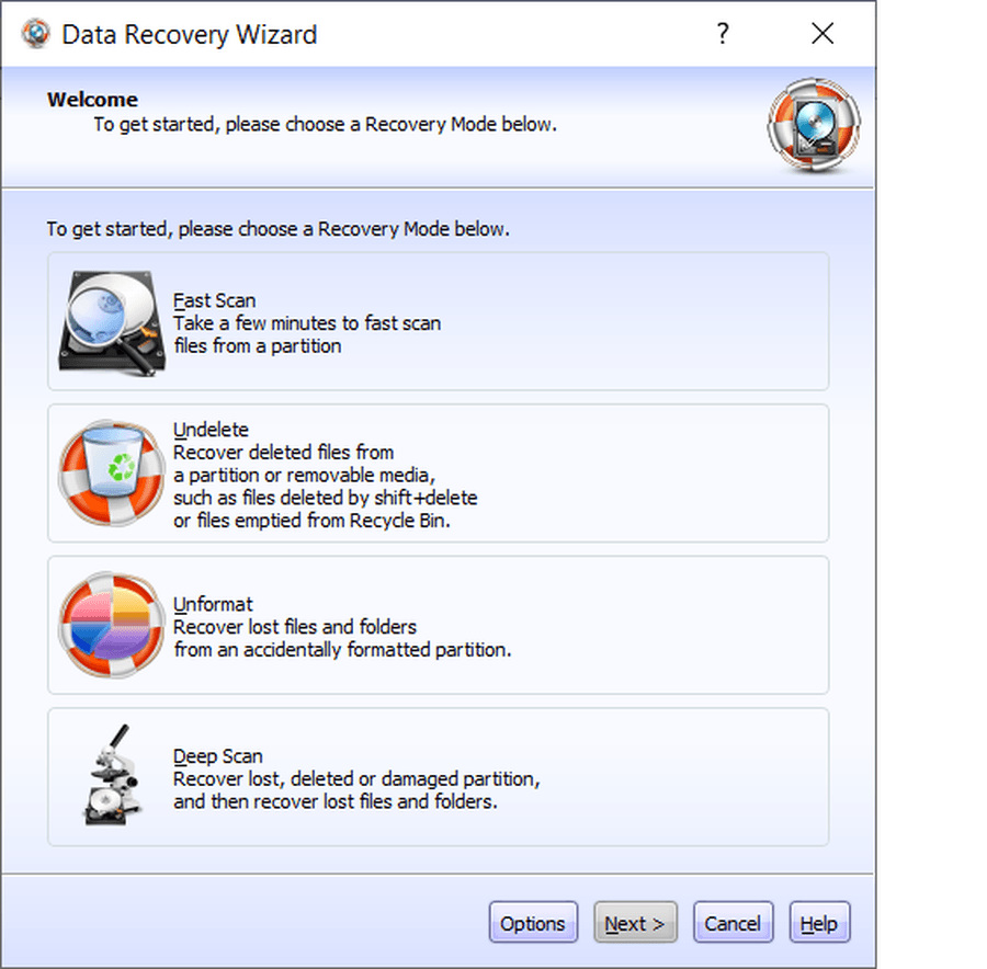 Lazesoft Data Recovery Wizard showing Fast Scan, Undelete, Unformat, and Deep Scan options