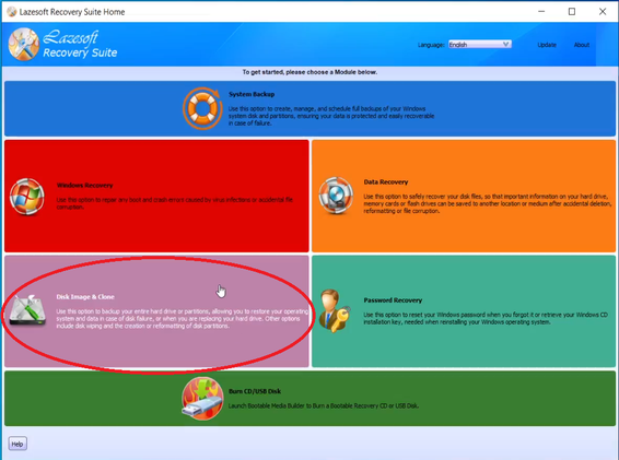 Lazesoft Recovery Suite Home Edition - Disk Image & Clone button