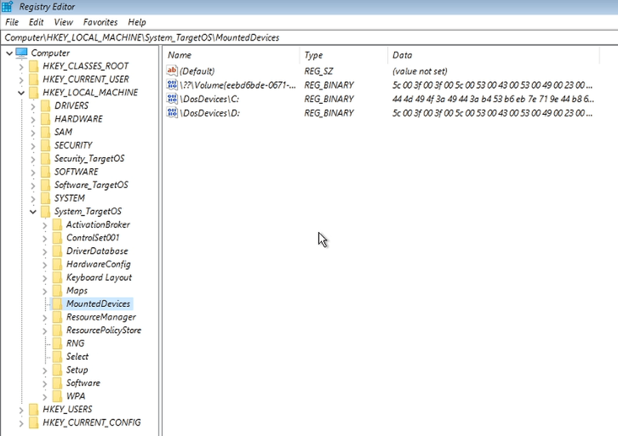 MountedDevices registry after One Click Fix showing corrected C drive mapping
