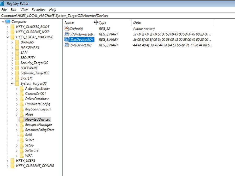 Offline Windows MountedDevices registry before repair showing incorrect drive letter mapping