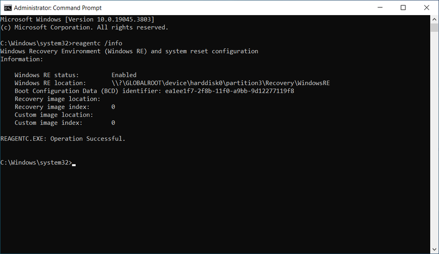 reagentc info showing Windows RE enabled after repair