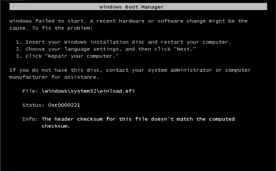 Windows 10 Boot Manager error 0xc0000221 for winload.efi