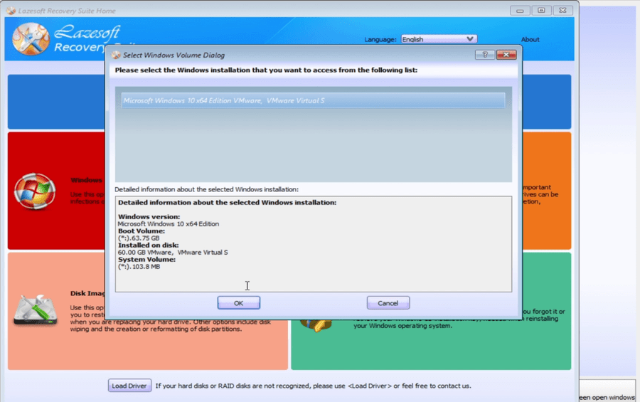 Select Microsoft Windows 10 x64 installation in Lazesoft