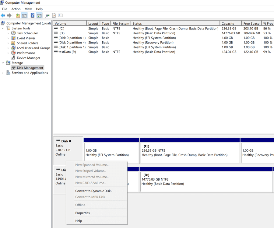 Windows Disk Management showing disk partitions before GPT partition recovery