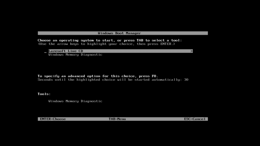 Windows Boot Manager with Lazesoft Live CD selected