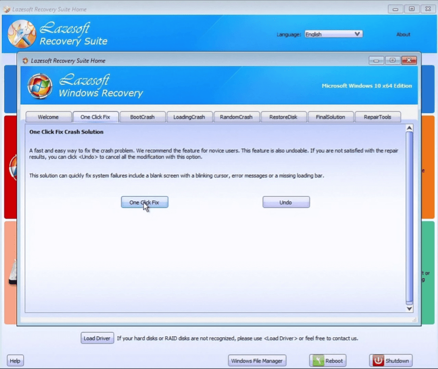 Lazesoft One Click Fix button for repairing Windows boot error 0xc000000d