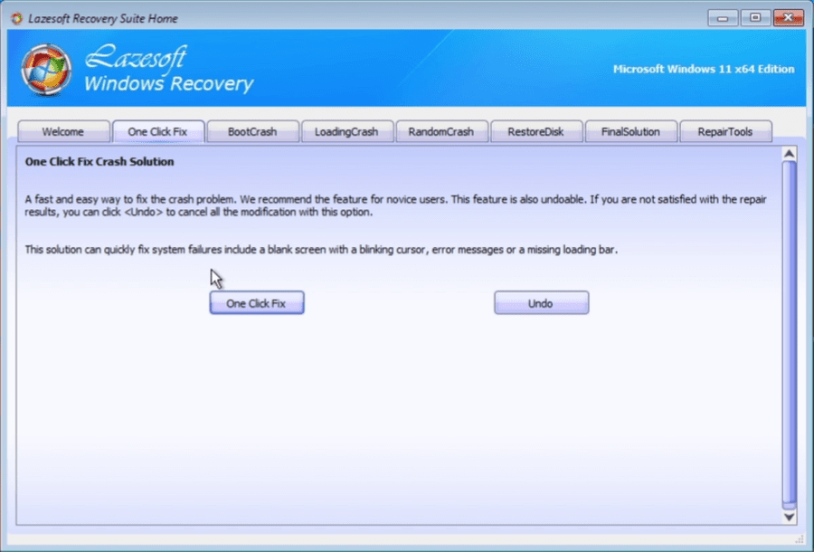 Lazesoft One Click Fix button for repairing error 0xC0000225