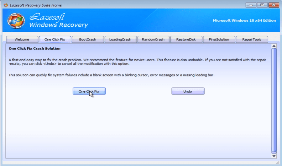 One Click Fix Crash Solution tab with One Click Fix button