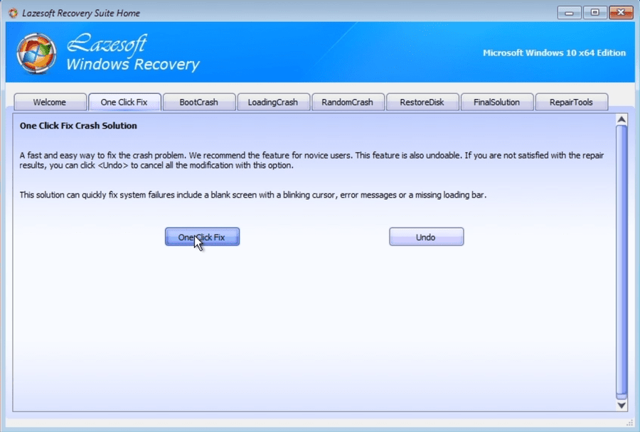 Click the One Click Fix button in Lazesoft Windows Recovery
