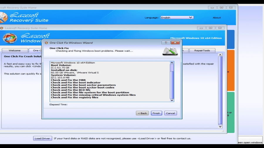 Lazesoft One Click Fix checking and repairing Windows boot problems