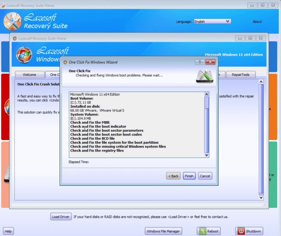 Lazesoft One Click Fix checking and repairing Windows boot components