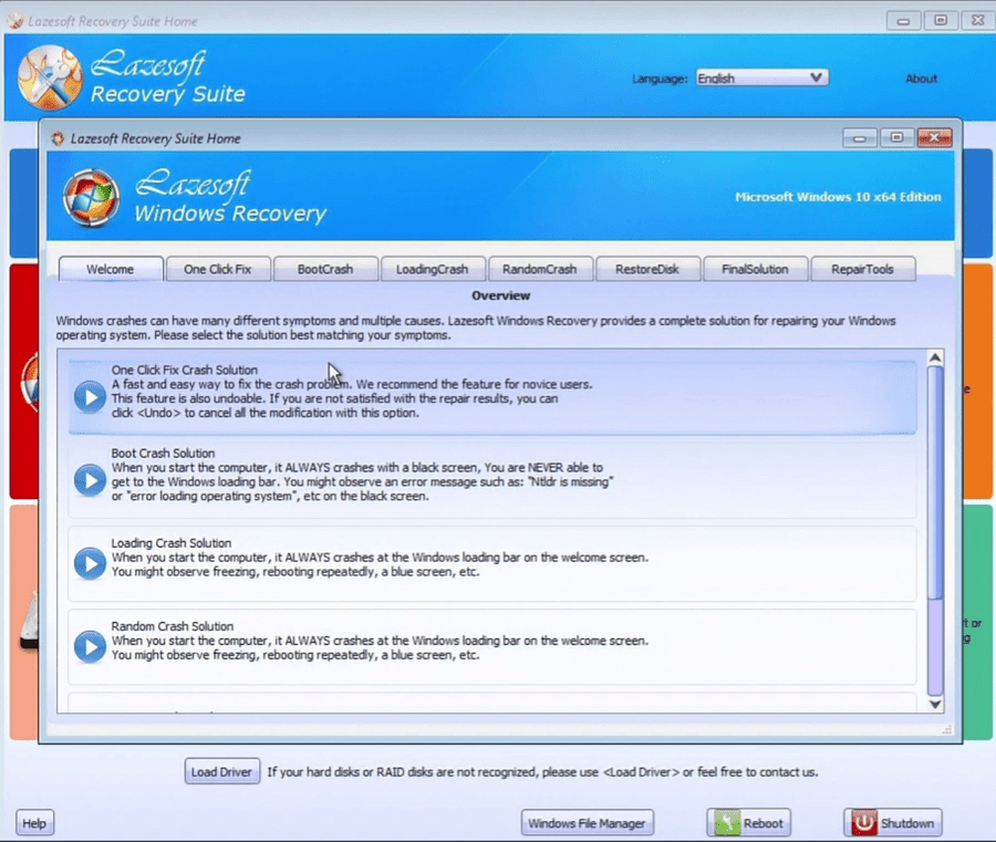 Lazesoft Windows Recovery overview showing the One Click Fix Crash Solution