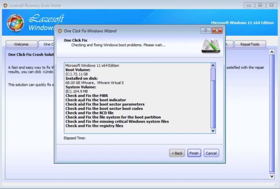 Lazesoft One Click Fix wizard repairing Windows boot files