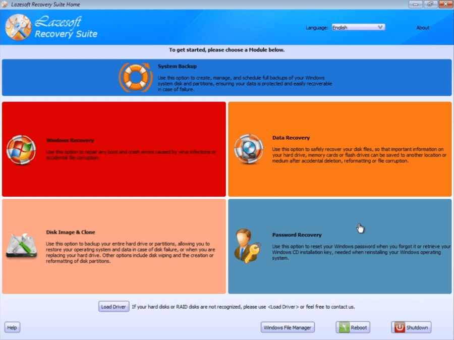 Lazesoft Recovery Suite Home screen with Password Recovery option