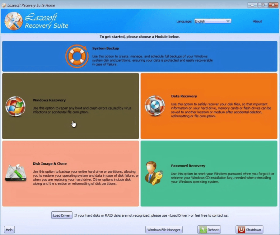 Lazesoft Recovery Suite Home Edition main screen with Windows Recovery selected
