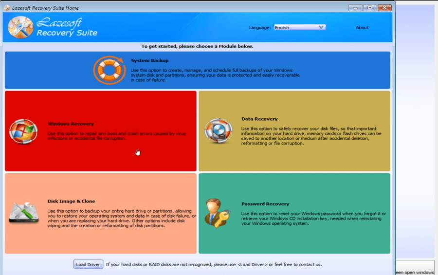 Lazesoft Recovery Suite home screen with module options