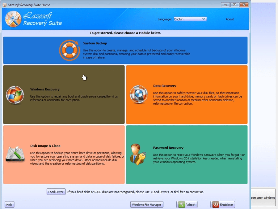 Lazesoft Recovery Suite Home screen with Windows Recovery option