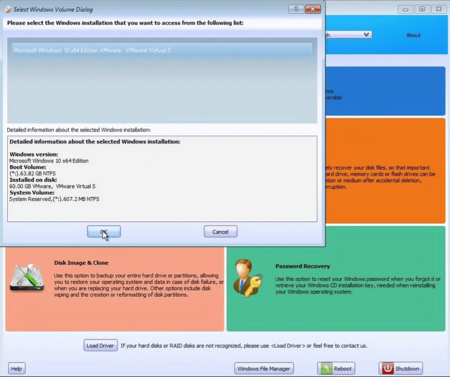 Lazesoft dialog for selecting the Windows installation to repair