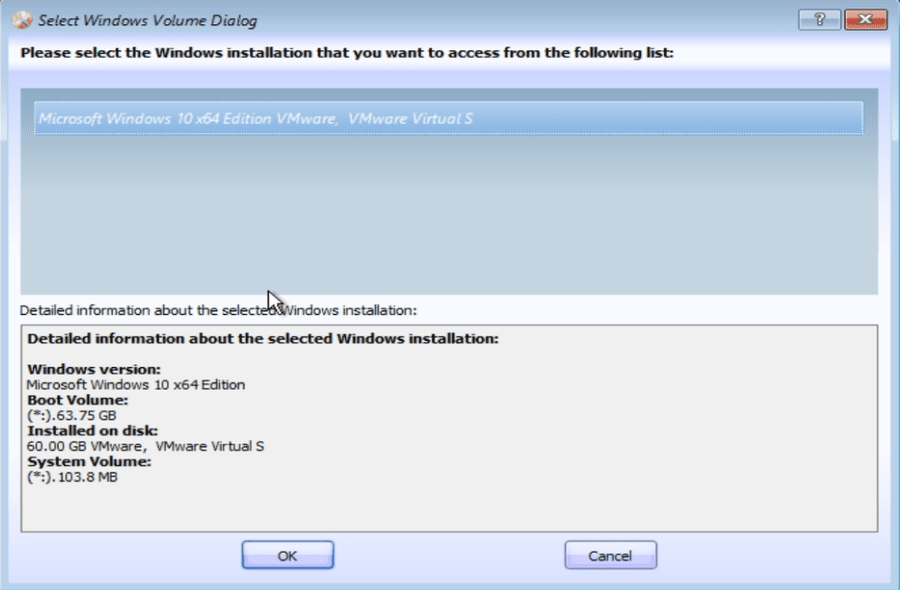 Select Windows Volume dialog showing detected installation