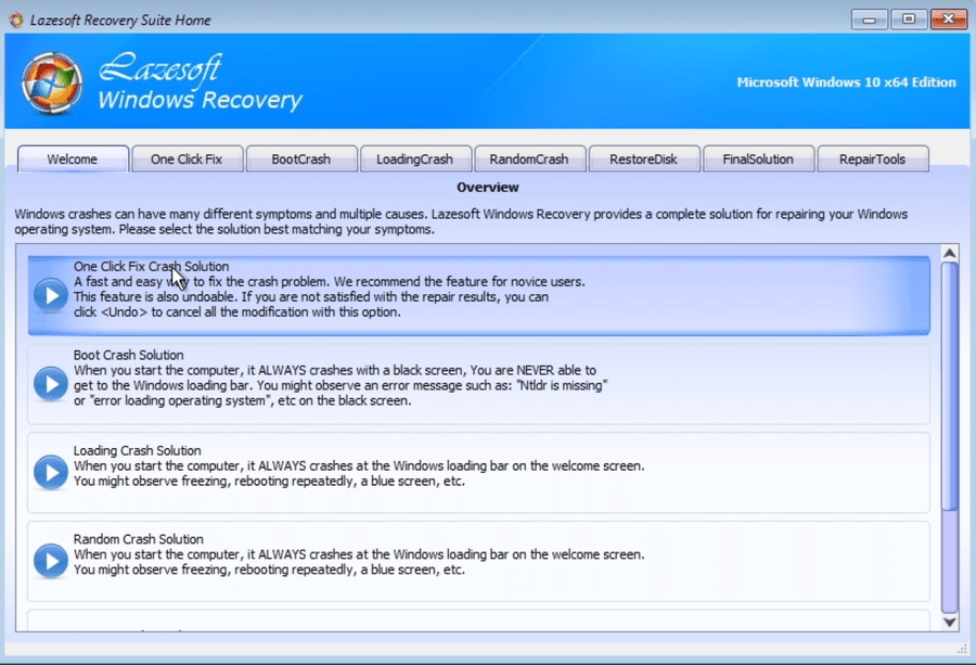 Lazesoft Windows Recovery One Click Fix Crash Solution