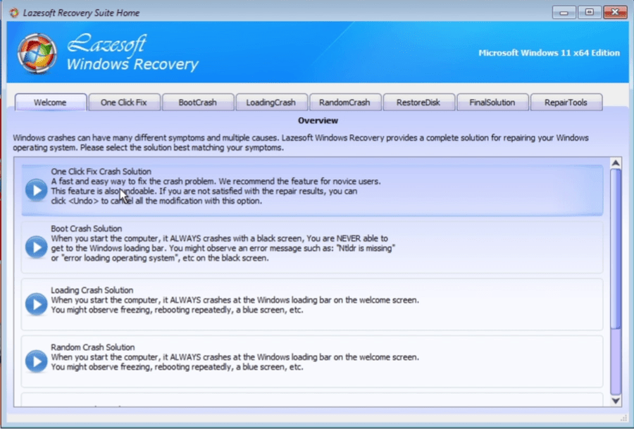 Lazesoft Windows Recovery One Click Fix Crash Solution