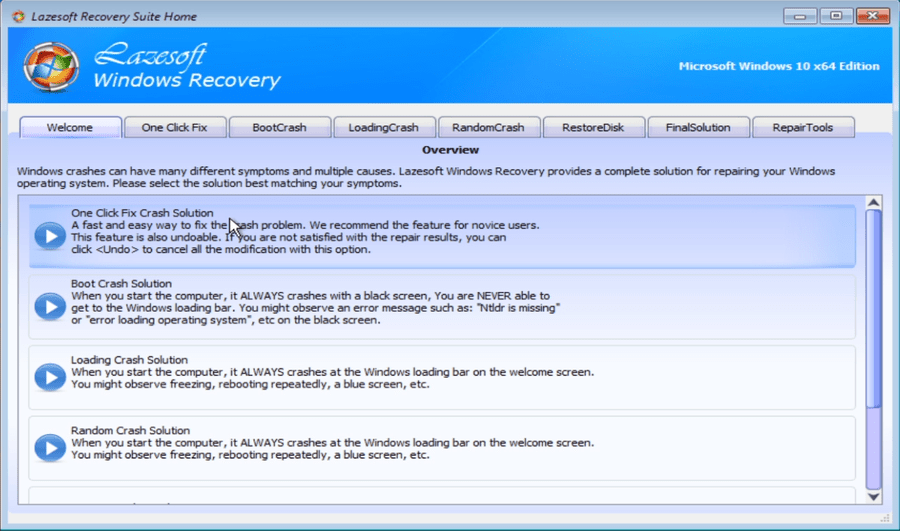 Lazesoft Windows Recovery overview with repair options