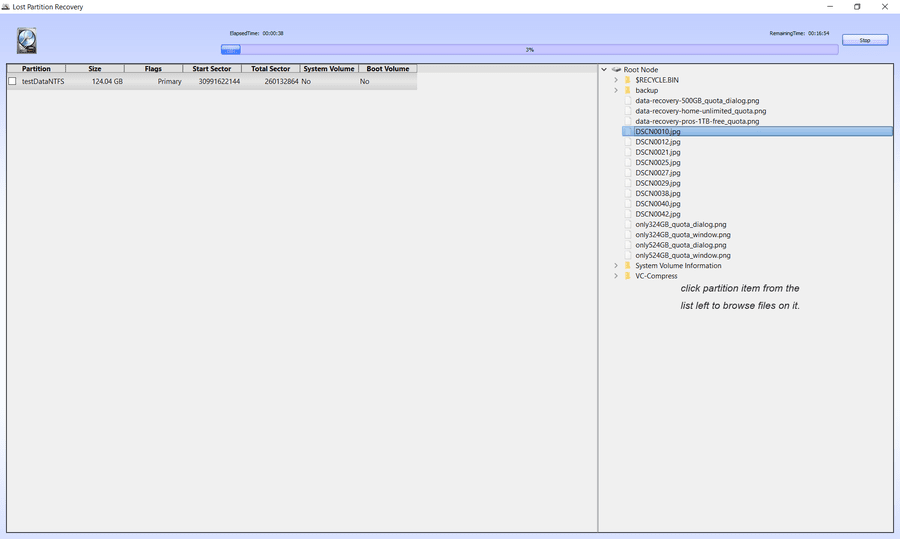 Lazesoft Lost Partition Recovery scan results showing found partition and recoverable files