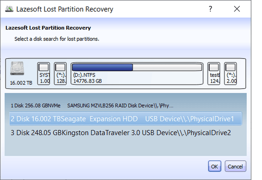 Select the affected disk for lost partition recovery