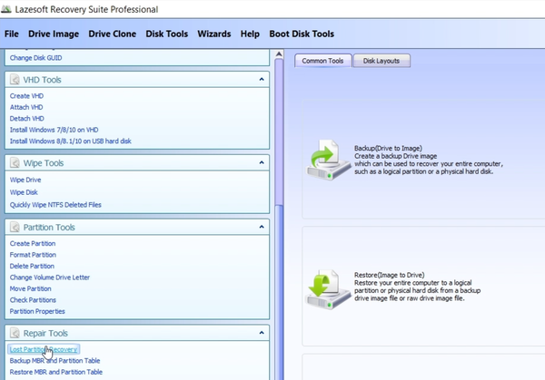 Lazesoft Recovery Suite interface showing lost partition recovery tool