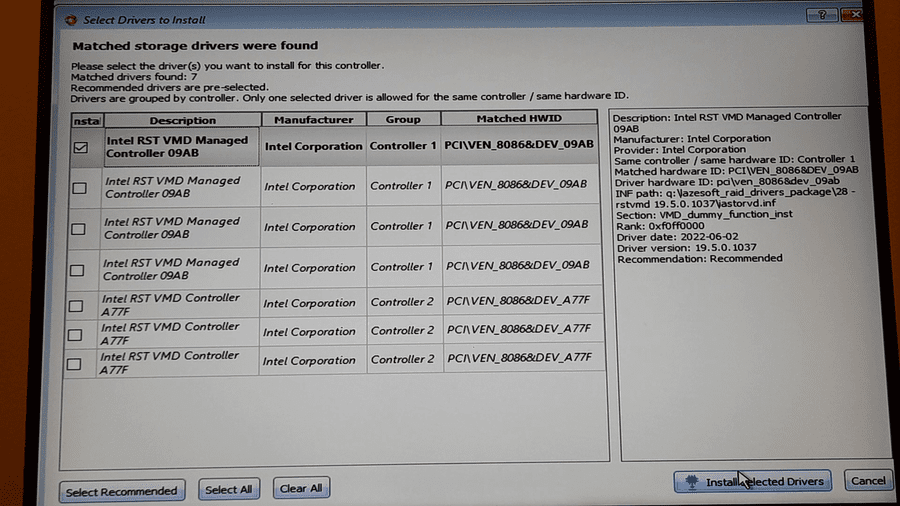 Matched Intel RST VMD storage drivers found