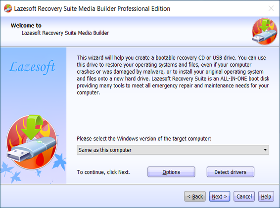 Lazesotft Recovery Suite bootable media builder welcome page, detect drivers