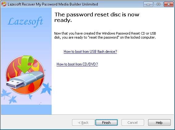 Lazesotft Recover My Password bootable media builder finish page.